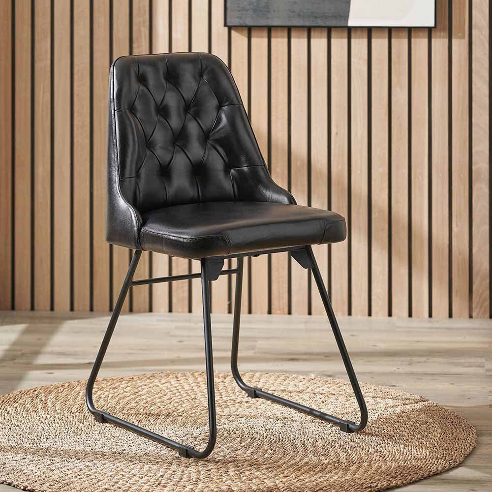 Camillo Ash Black Leather & Black Metal Diamond Back Dining Chair