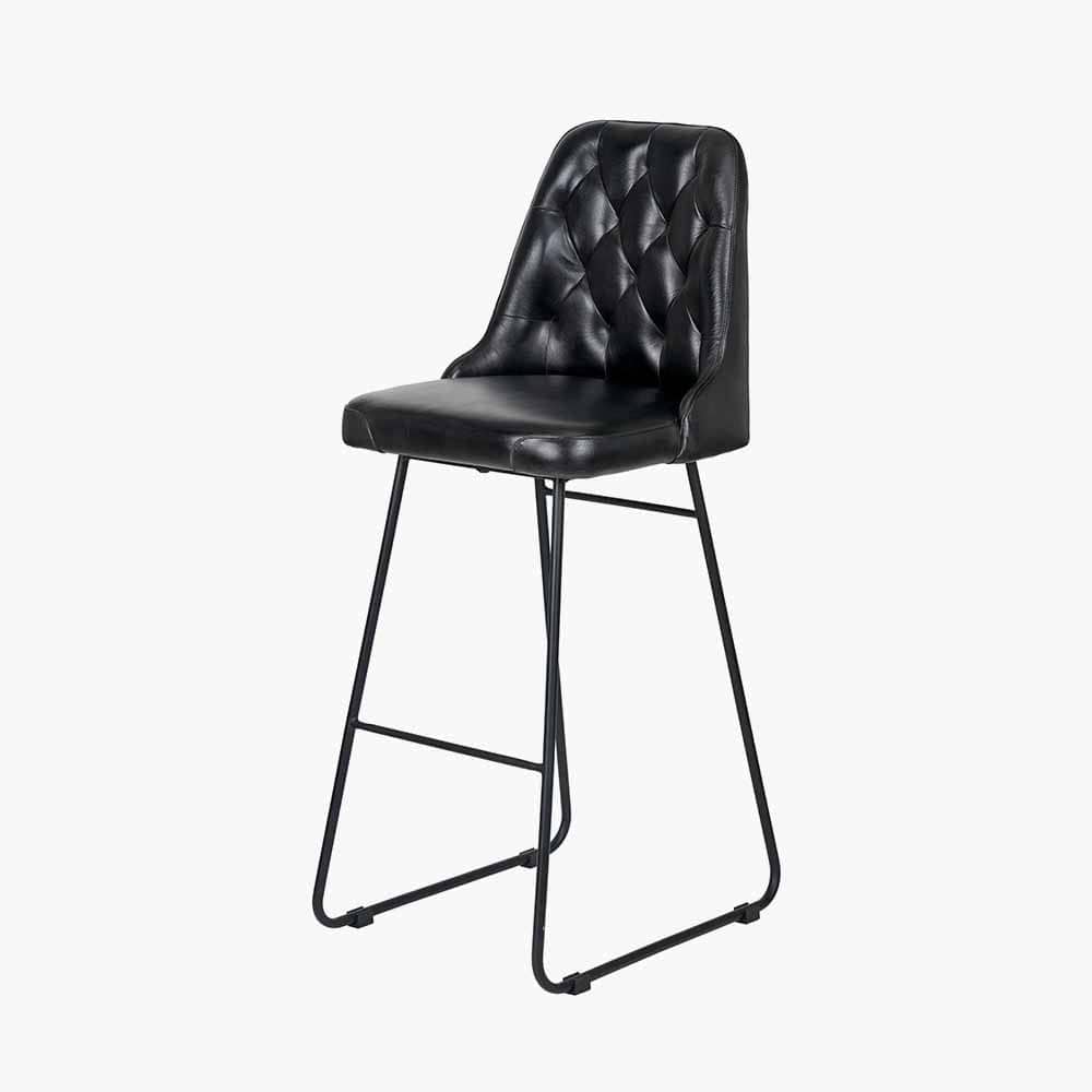 Camillo Ash Black Leather & Black Metal Diamond Back Bar Stool