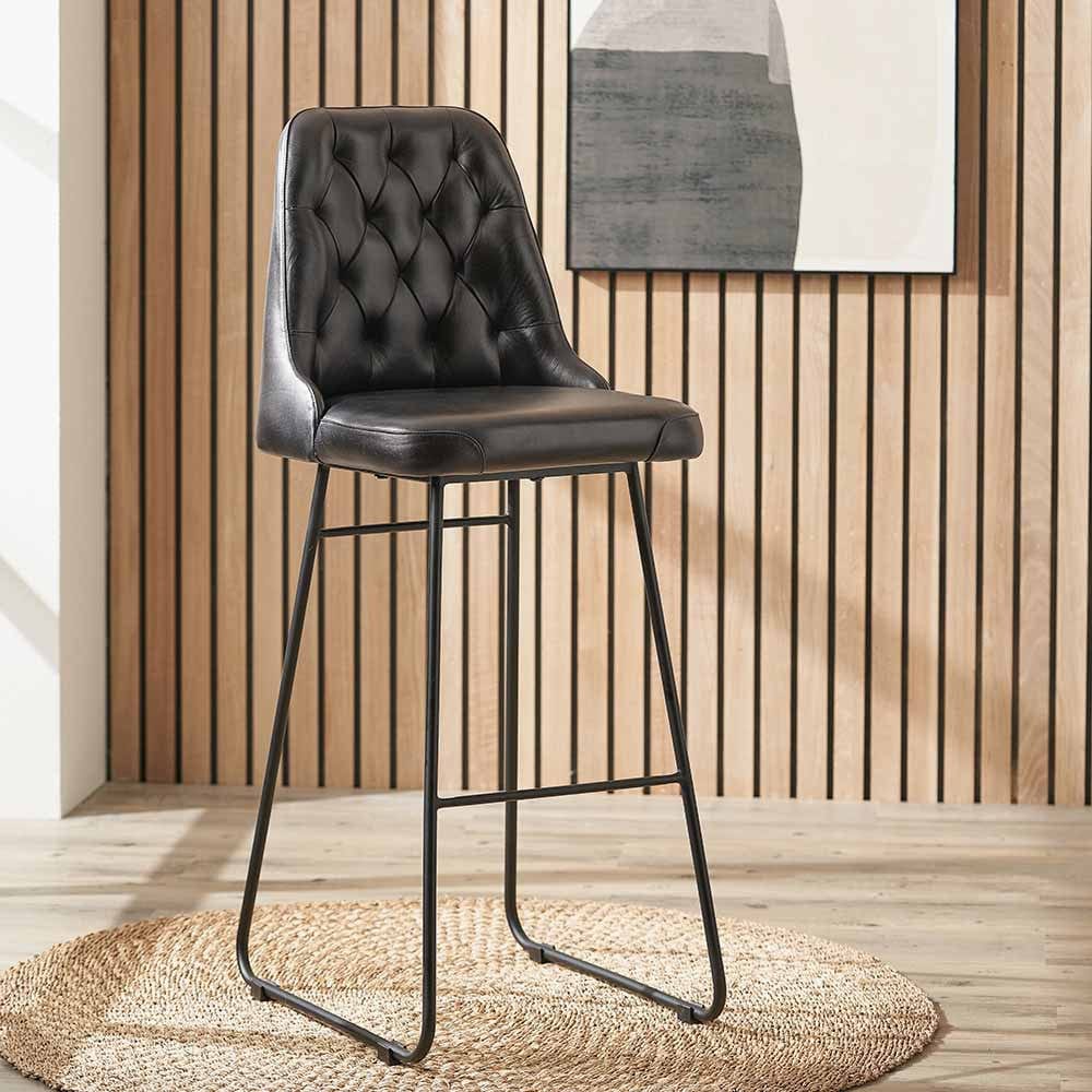 Camillo Ash Black Leather & Black Metal Diamond Back Bar Stool