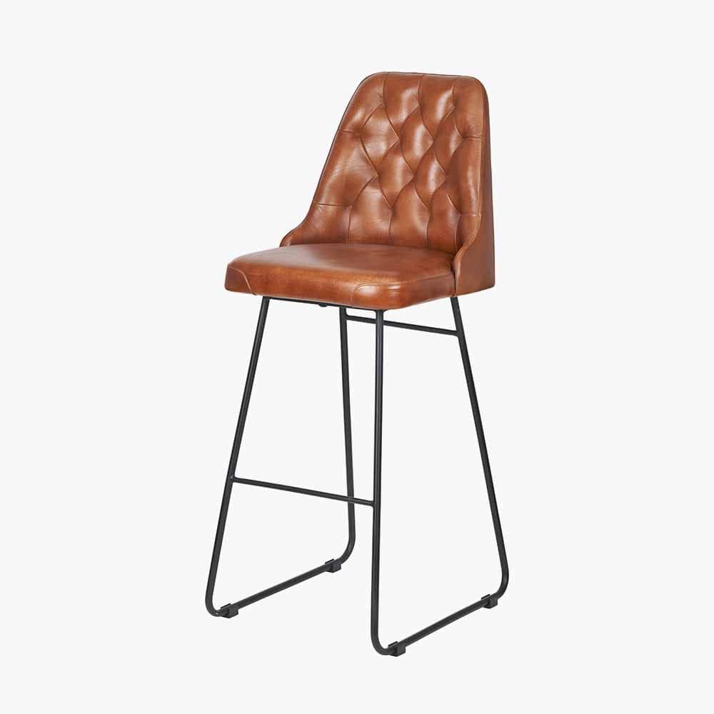 Camillo Vintage Brown Leather & Black Metal Diamond Back Bar Stool