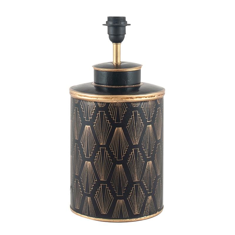 A hand painted black and gold metal table lamp base with a geometric art deco pattern, featuring a gold art deco style arch pattern on a black iron base.