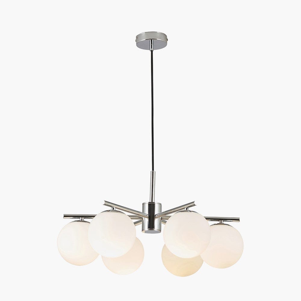Asterope 6 Light White Orb & Shiny Chrome Metal Pendant