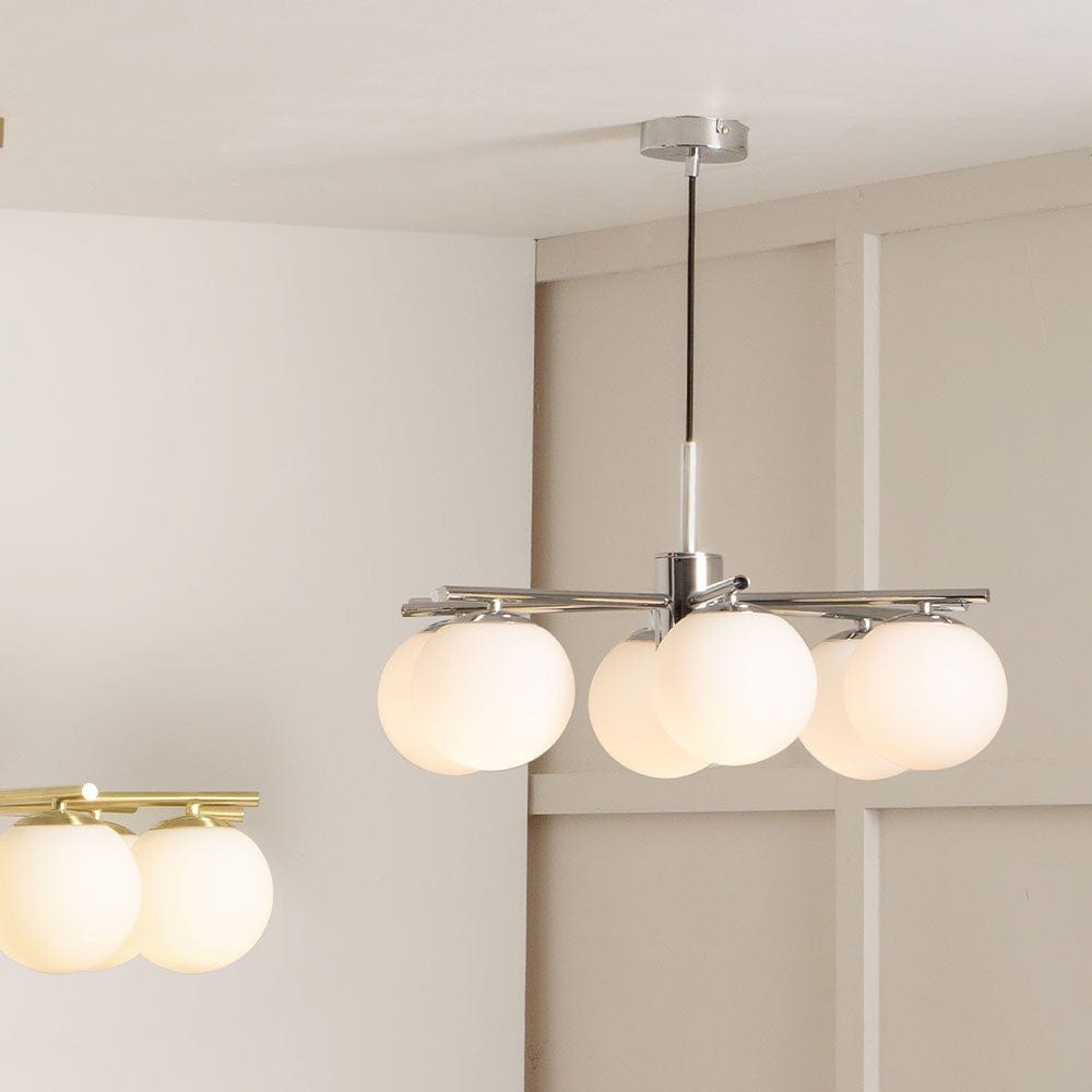 Asterope 6 Light White Orb & Shiny Chrome Metal Pendant