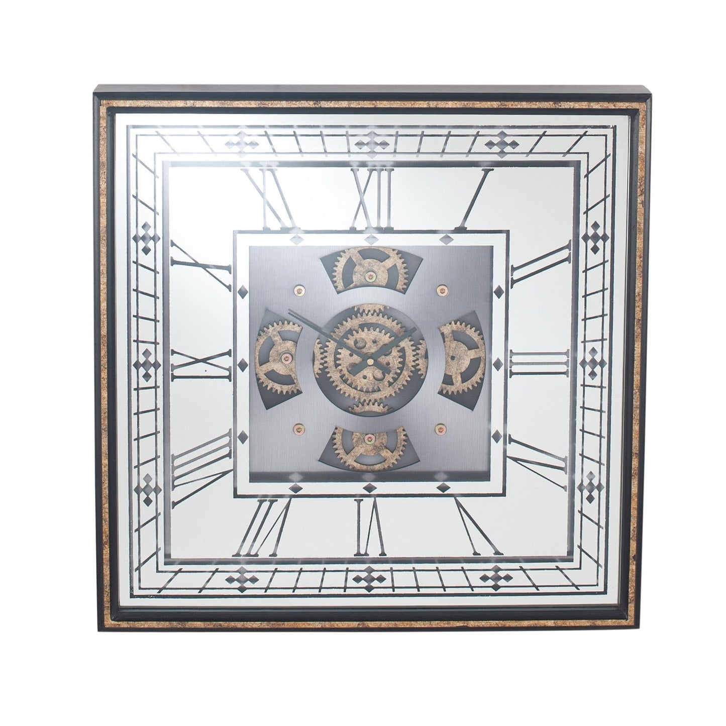Antique Gold Wood & Mirror Square Working Cog Wall Clock