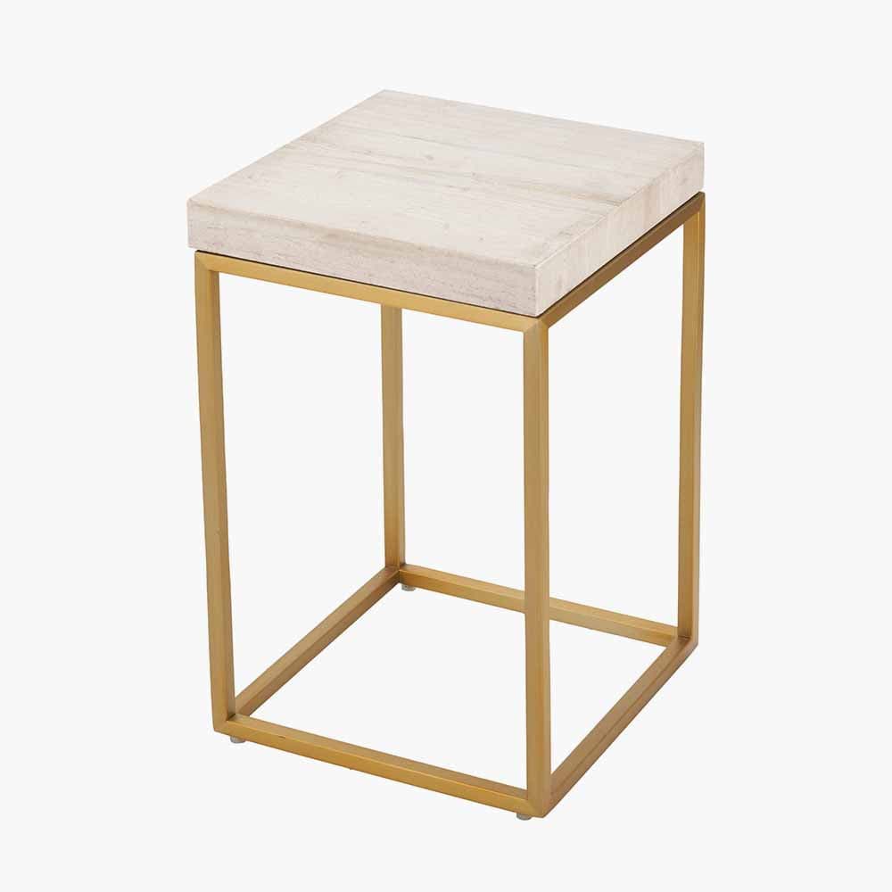 Madison Beige Granite & Burnished Gold Metal Square Side Table