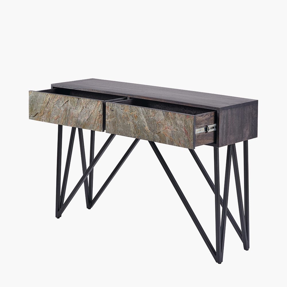 Verde Black Mango Wood & Stone Veneer 2 Drawer Console Table