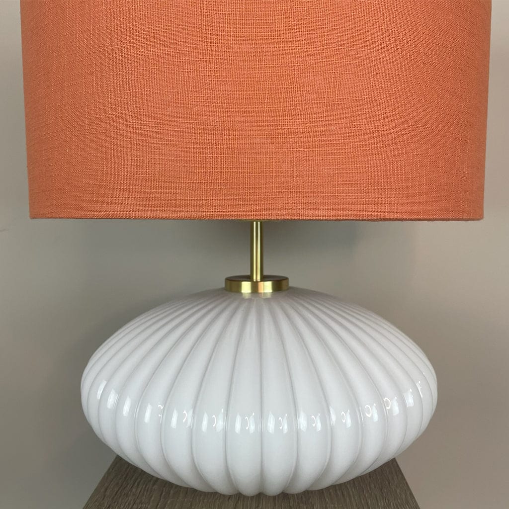 Emilia White Ribbed Glass Table Lamp with Cinnamon Linen Shade