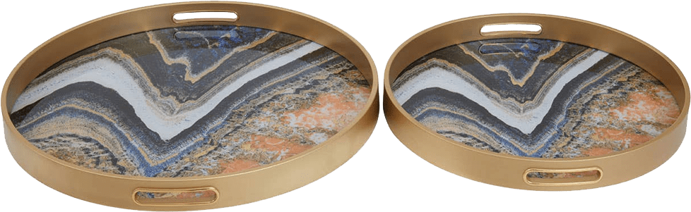 Two round marble-patterned trays with gold metal frames on a white background
