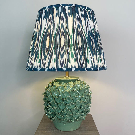 Ailsa Green Ceramic Table Lamp with Izara Ocean Blue Ikat Gathered Lampshade