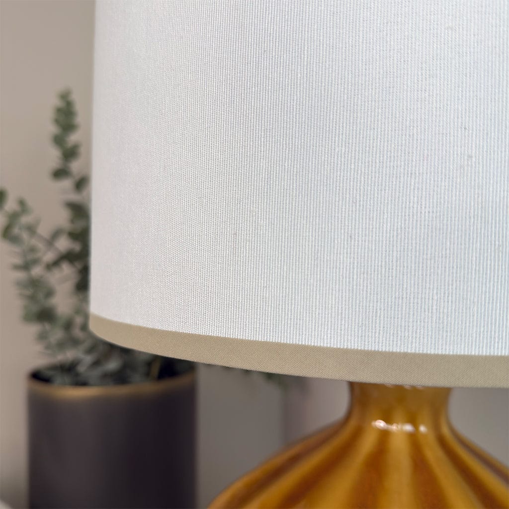 Close-up of a lamp with a white shade and yellow base, blurred background