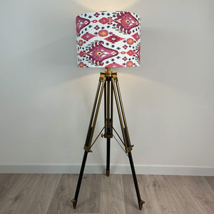 Antique Brass & Dark Wood Tripod Floor Lamp with Boho Linen Fabric Lampshade