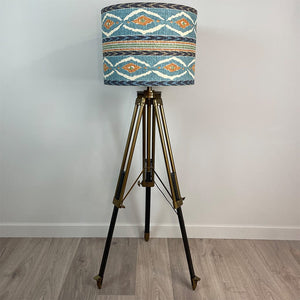 Antique Brass & Dark Wood Tripod Floor Lamp with Santana Linen Fabric Lampshade