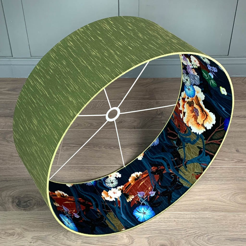 Astor Green Pesto Faux Silk Pendant Shade with Arte Koi Wallpaper Lining