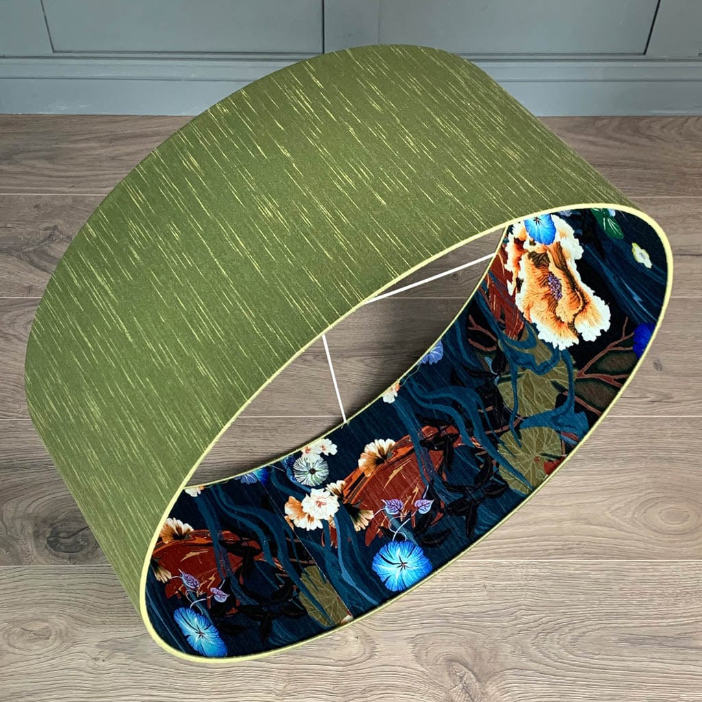 Astor Green Pesto Faux Silk Pendant Shade with Arte Koi Wallpaper Lining