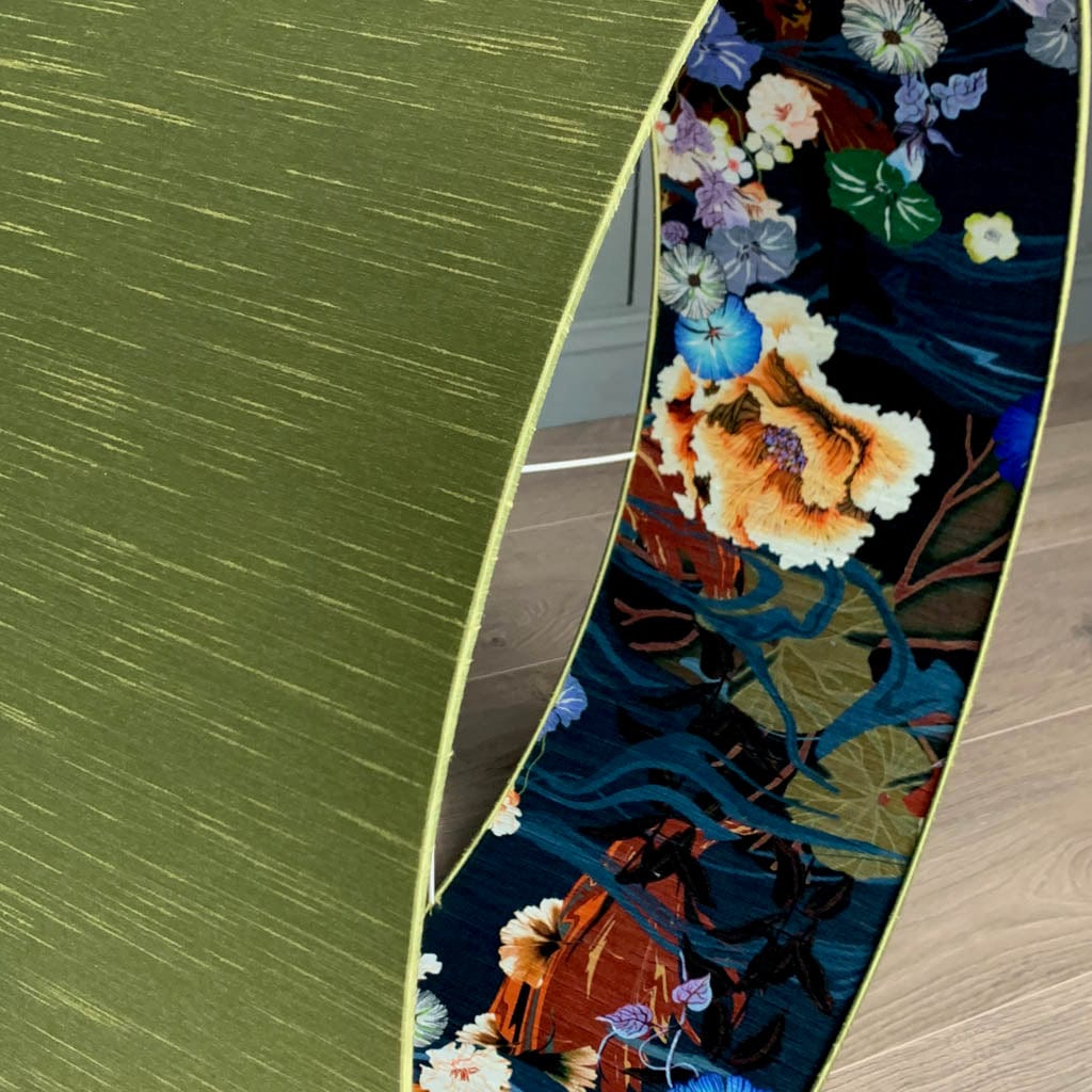 Astor Green Pesto Faux Silk Pendant Shade with Arte Koi Wallpaper Lining