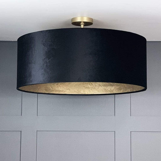 Black Coal Pendant Shade Lined with Feathered Gold Wallpaper
