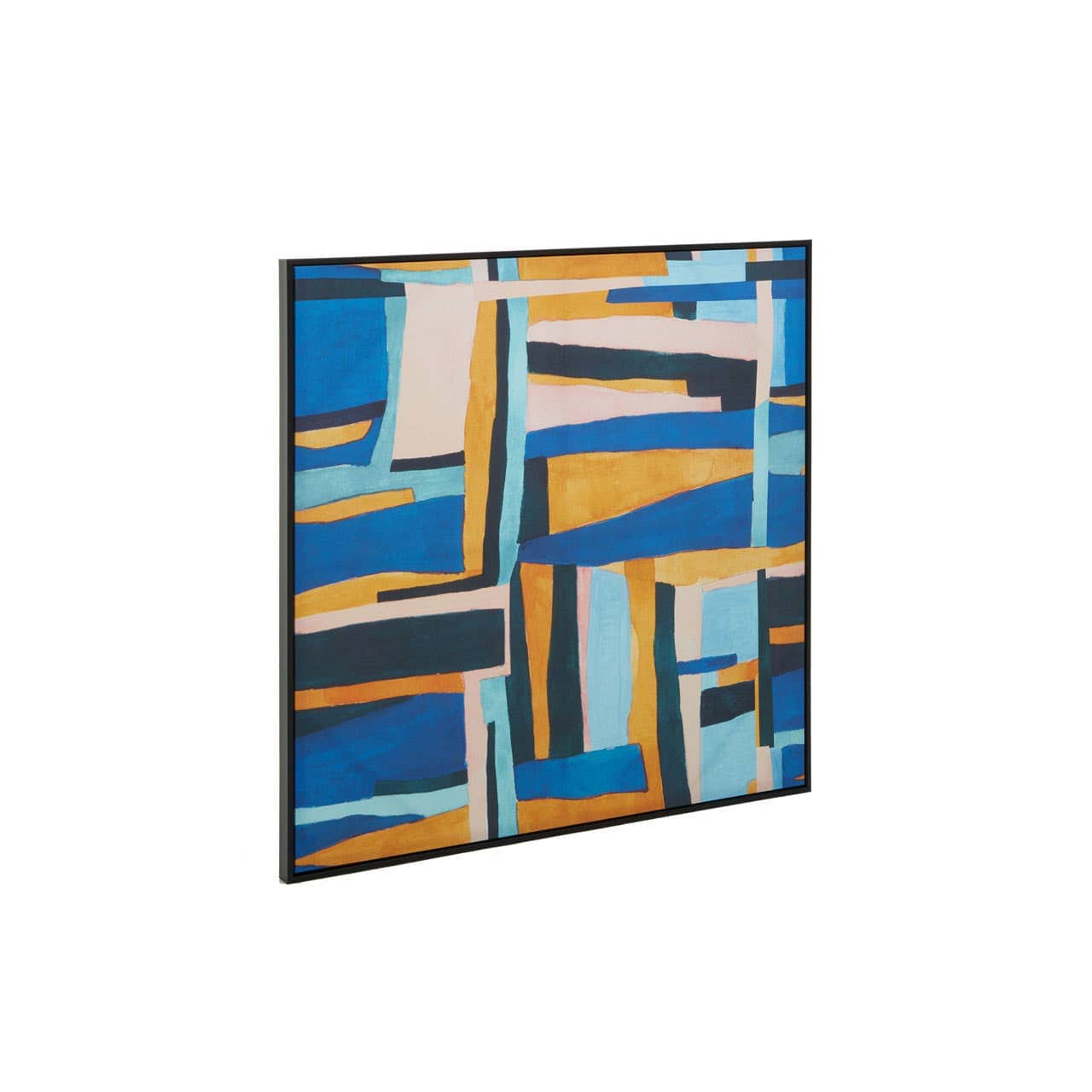 Abstract art piece with geometric shapes in blue, orange, and black on a white background