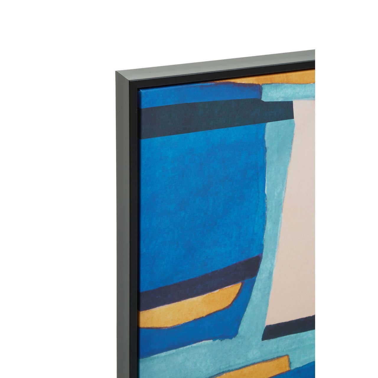 Framed abstract artwork with blue, beige, and gold colors on a white background