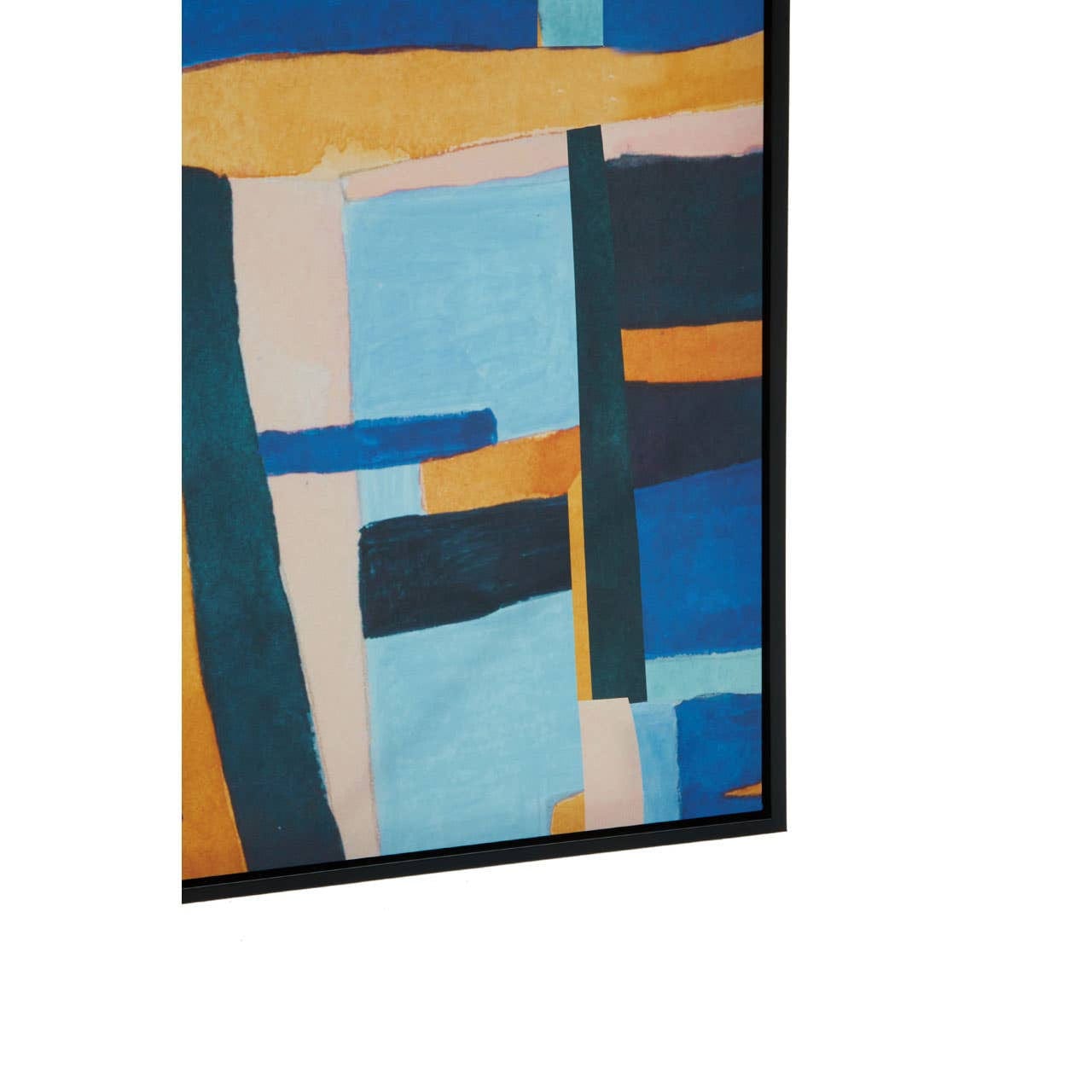 Abstract art piece with geometric shapes in blue, orange, and green on a white background