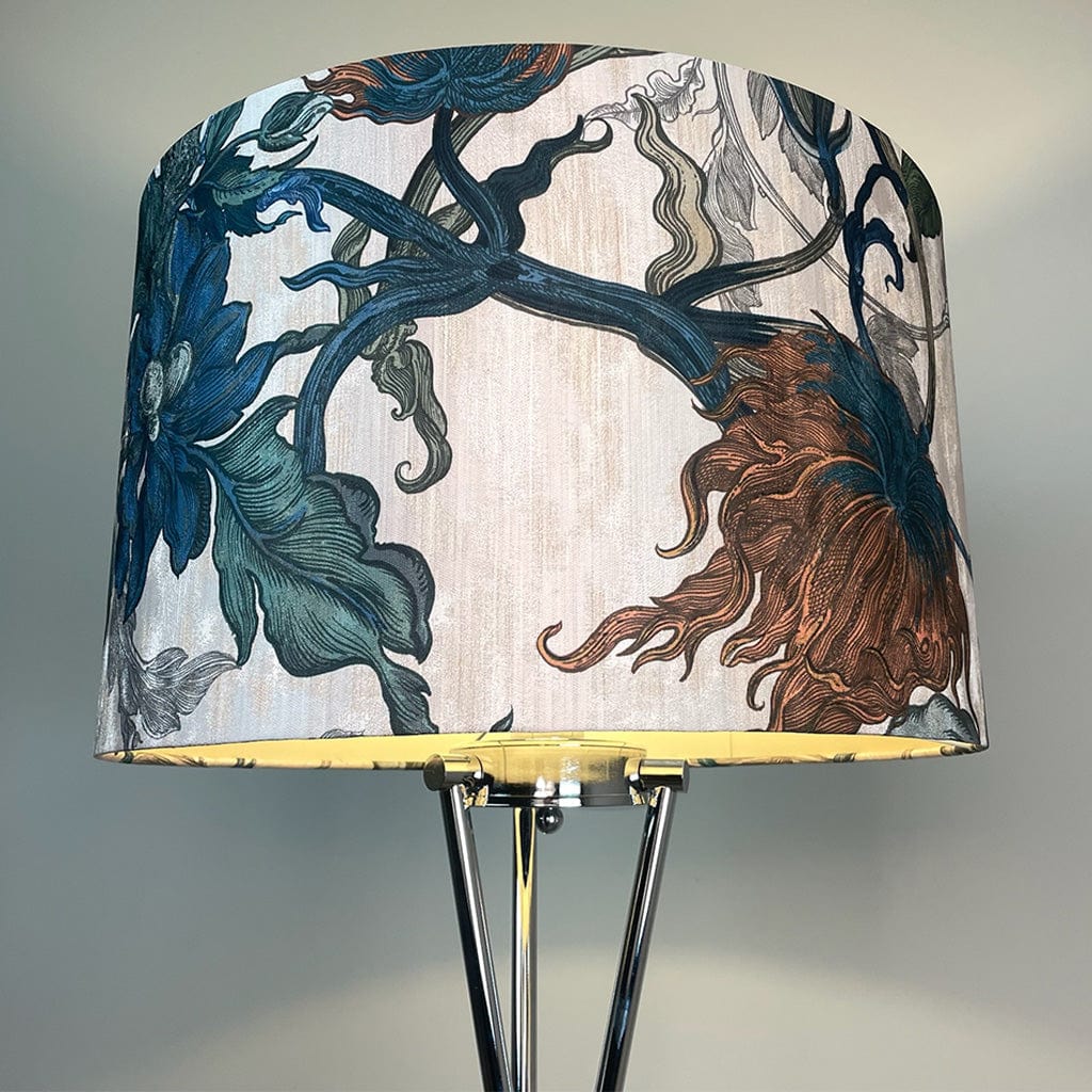 Brondby Chrome Floor Lamp with Timorous Beasties Epic Botanic Blue Rust Shade