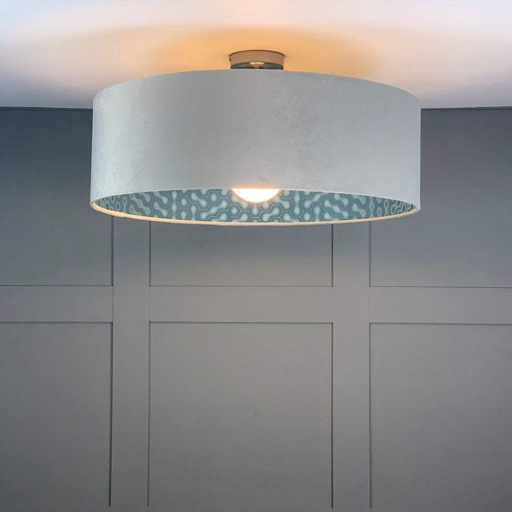 Platinum Velvet Pendant Shade with Modern Eccentrics Blue Wallpaper Lining