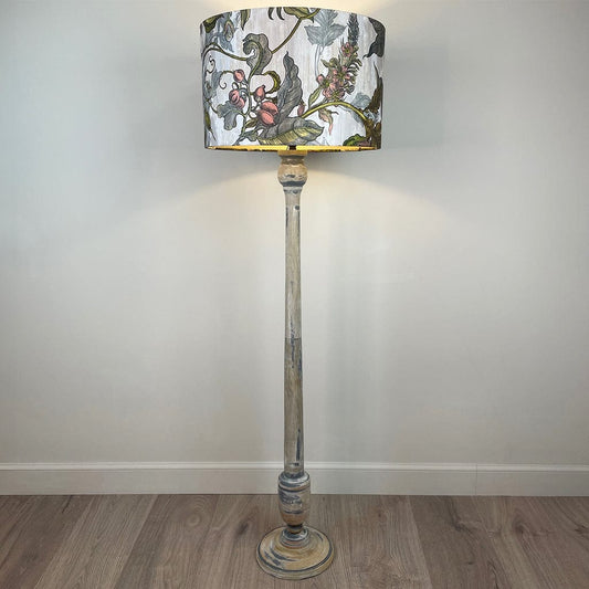 Captiva Grey & White Wash Mango Wood Floor Lamp with Timorous Beasties Epic Botanic Peach Beige