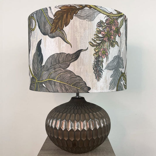Cassius Bronze Textured Glazed Ceramic Table Lamp with Timorous Beasties Epic Botanic Beige Peach Lampshade
