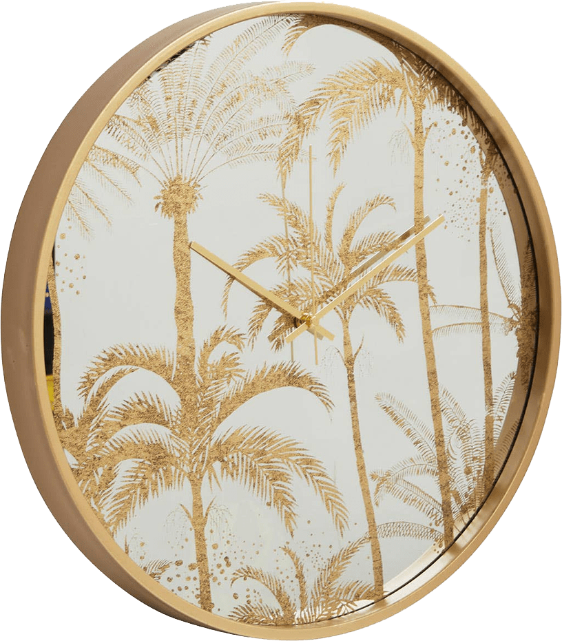Wall clock with gold palm tree design on a white background