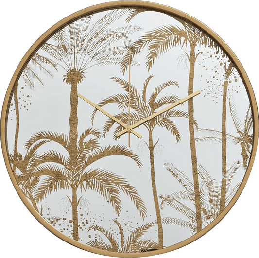 Round wall clock with palm tree design and gold frame