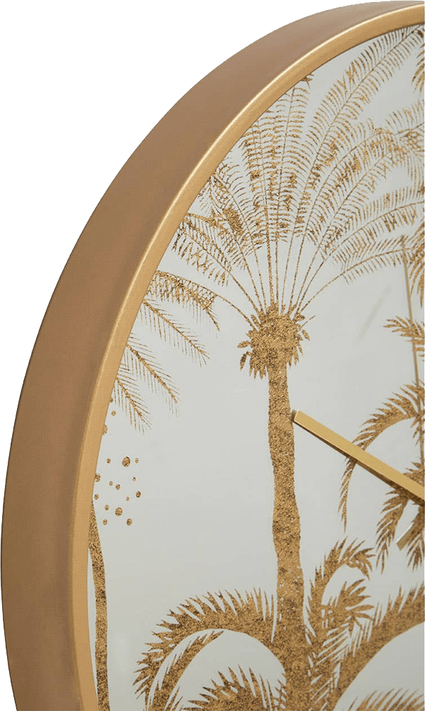 Decorative wall clock with palm tree design and gold frame on a white background