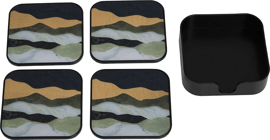 Set of four square coasters with a mountain design and a black square coaster.