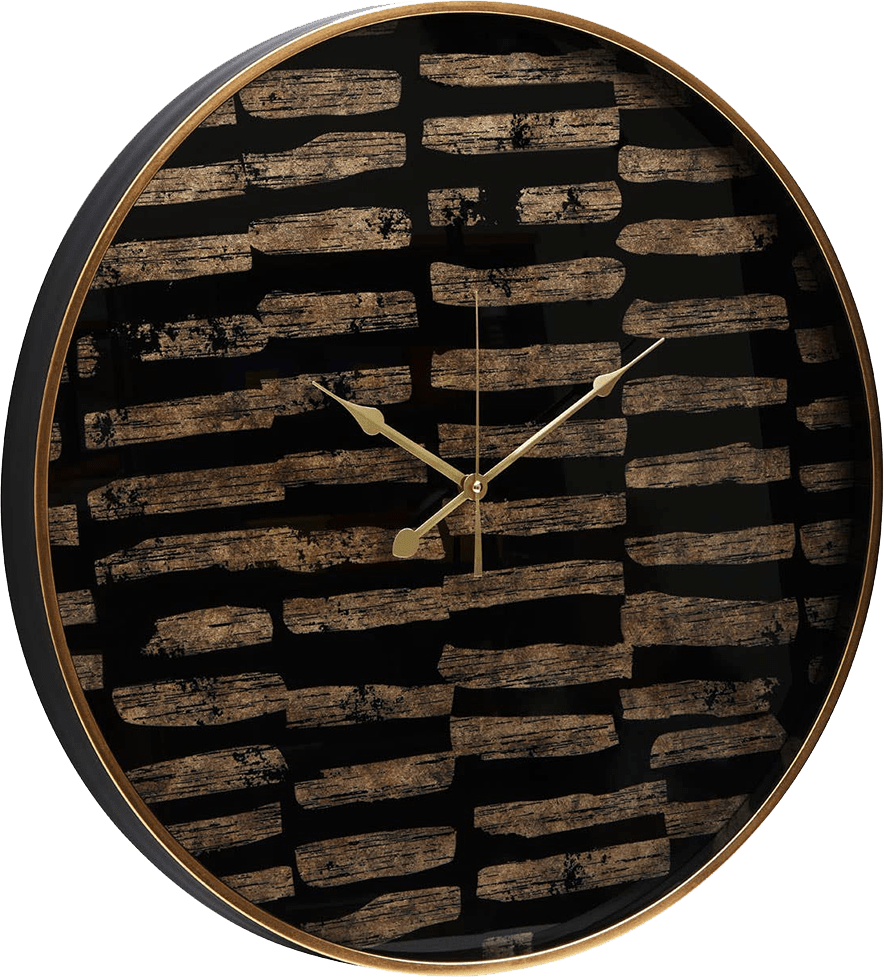 Round wall clock with black and gold patterned face on a white background