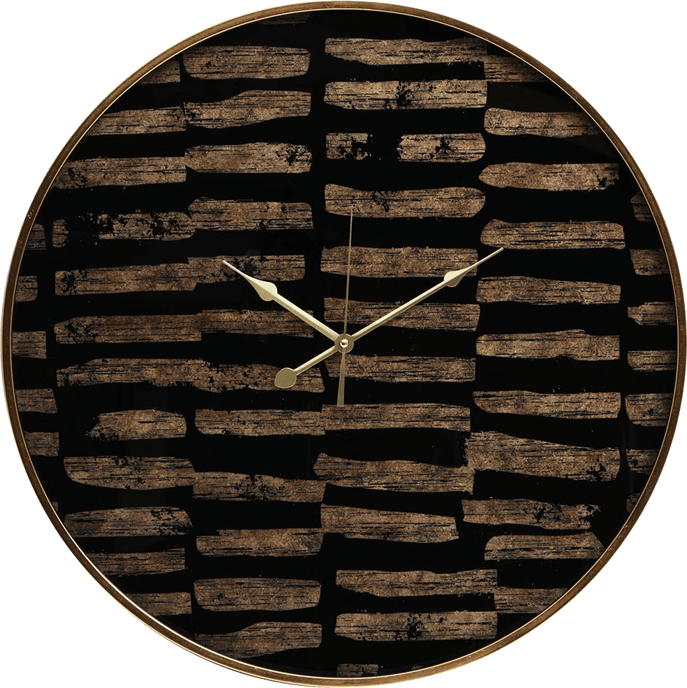 Round wall clock with a wooden pattern on a black background