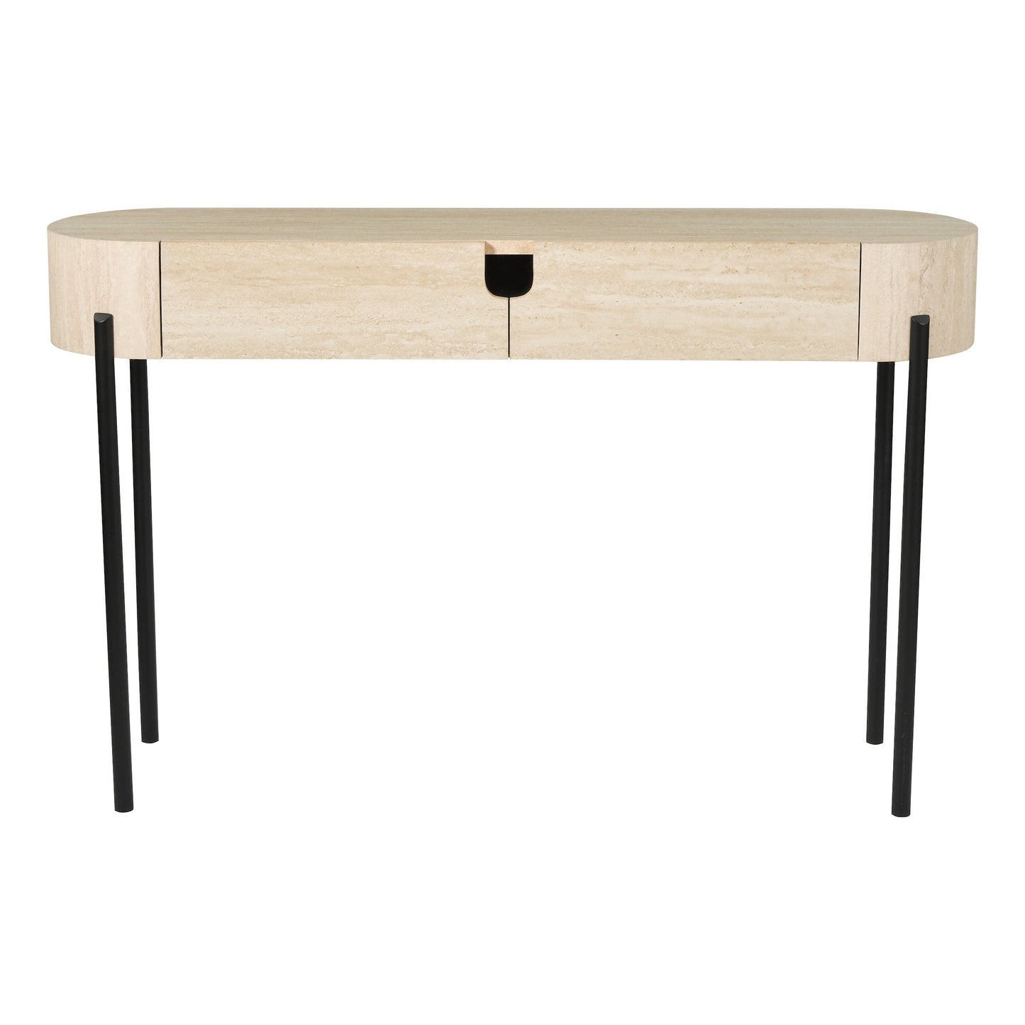 Round wooden desk with black legs on a white background