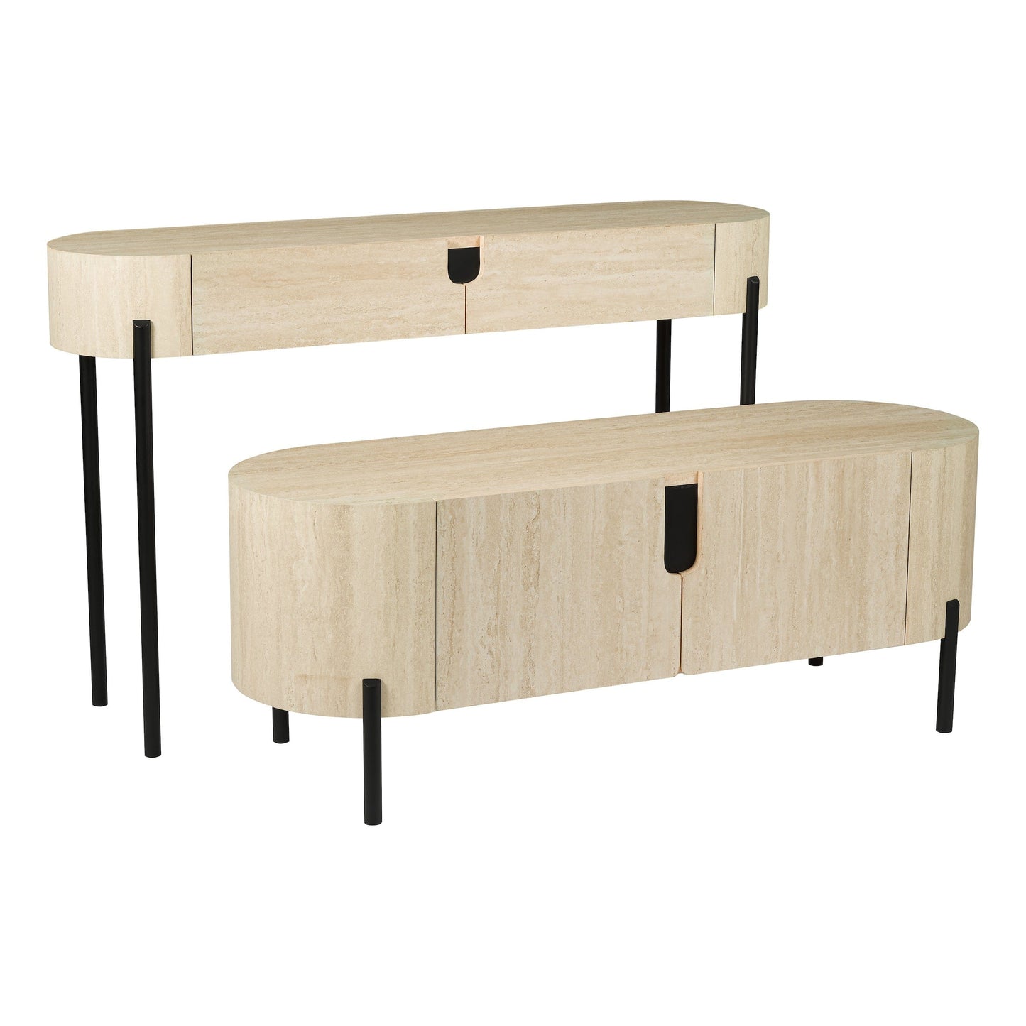 Oval-shaped wooden console table with black legs on a white background