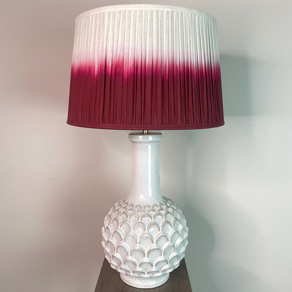 Edlyn White Reactive Glaze Table Lamp with Fuschia Ombre Tapered Shade