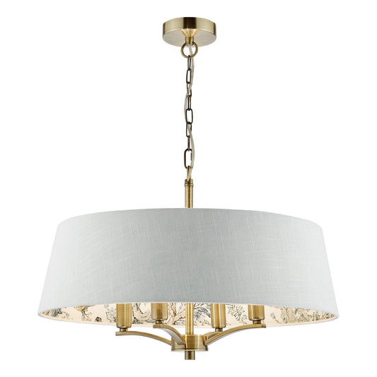 Delft 4 Light Aged Brass Pendant with Ivory Chinoiserie Print Shade