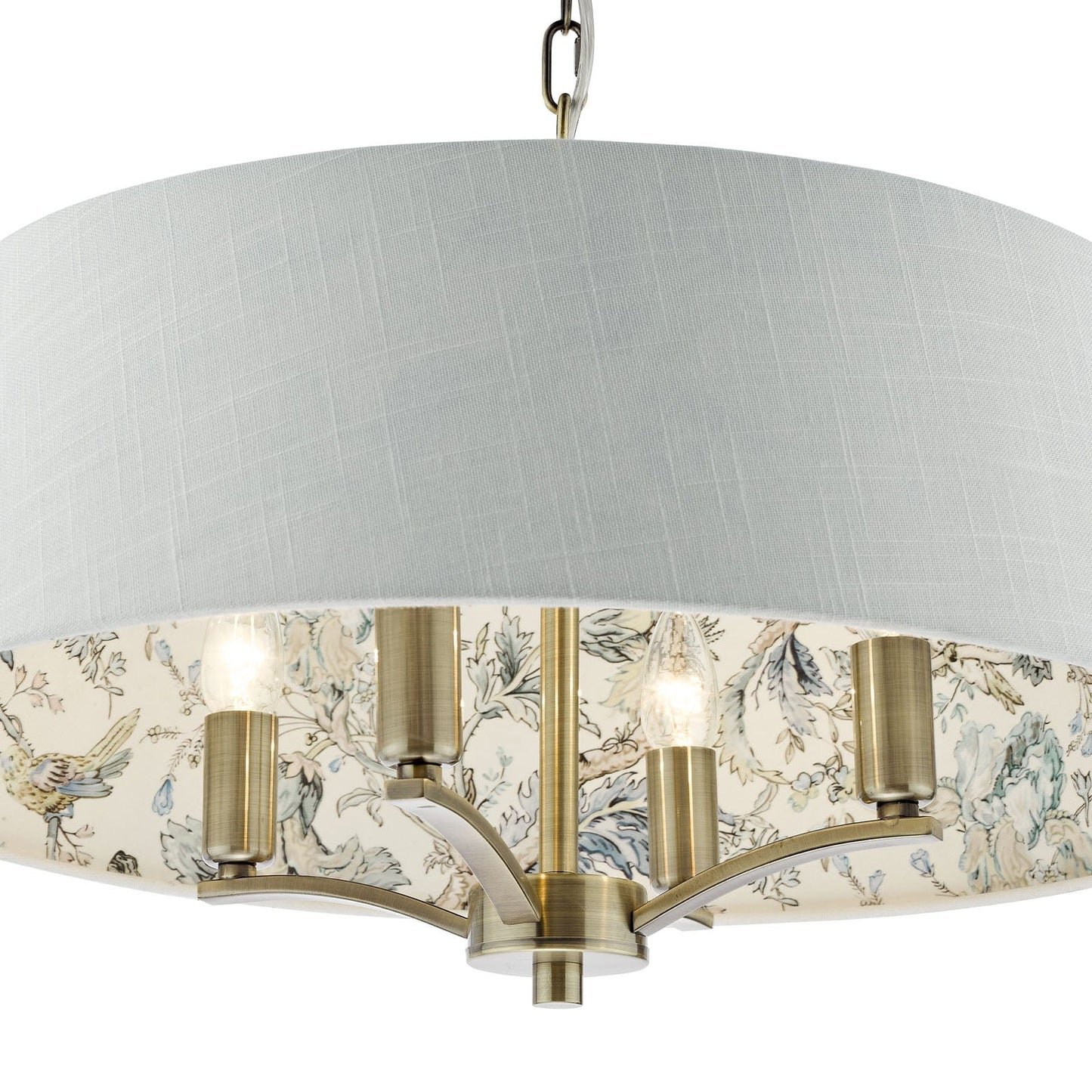 Delft 4 Light Aged Brass Pendant with Ivory Chinoiserie Print Shade
