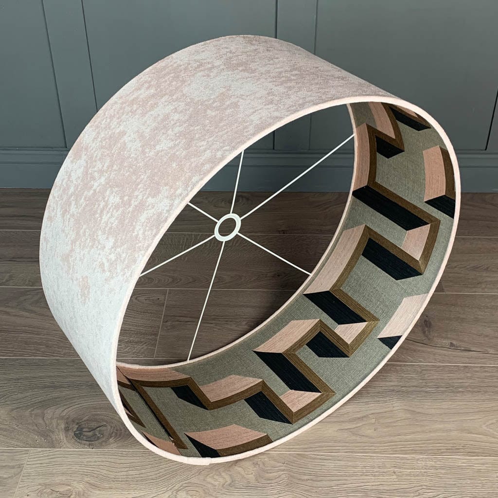 Dusky Pink Velvet Pendant Shade with Arte Detour Wallpaper Lining