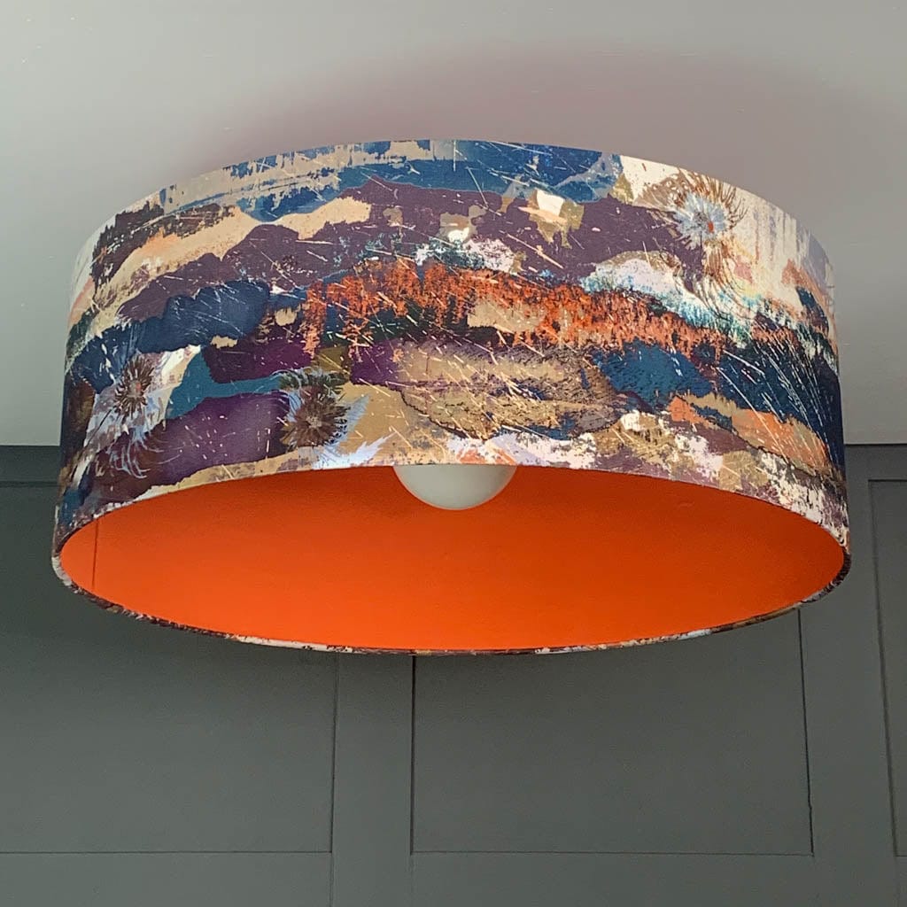 Mairi Helena Mirrored Storm Linen Dark Pendant Shade with Satsuma Orange Silk Lining