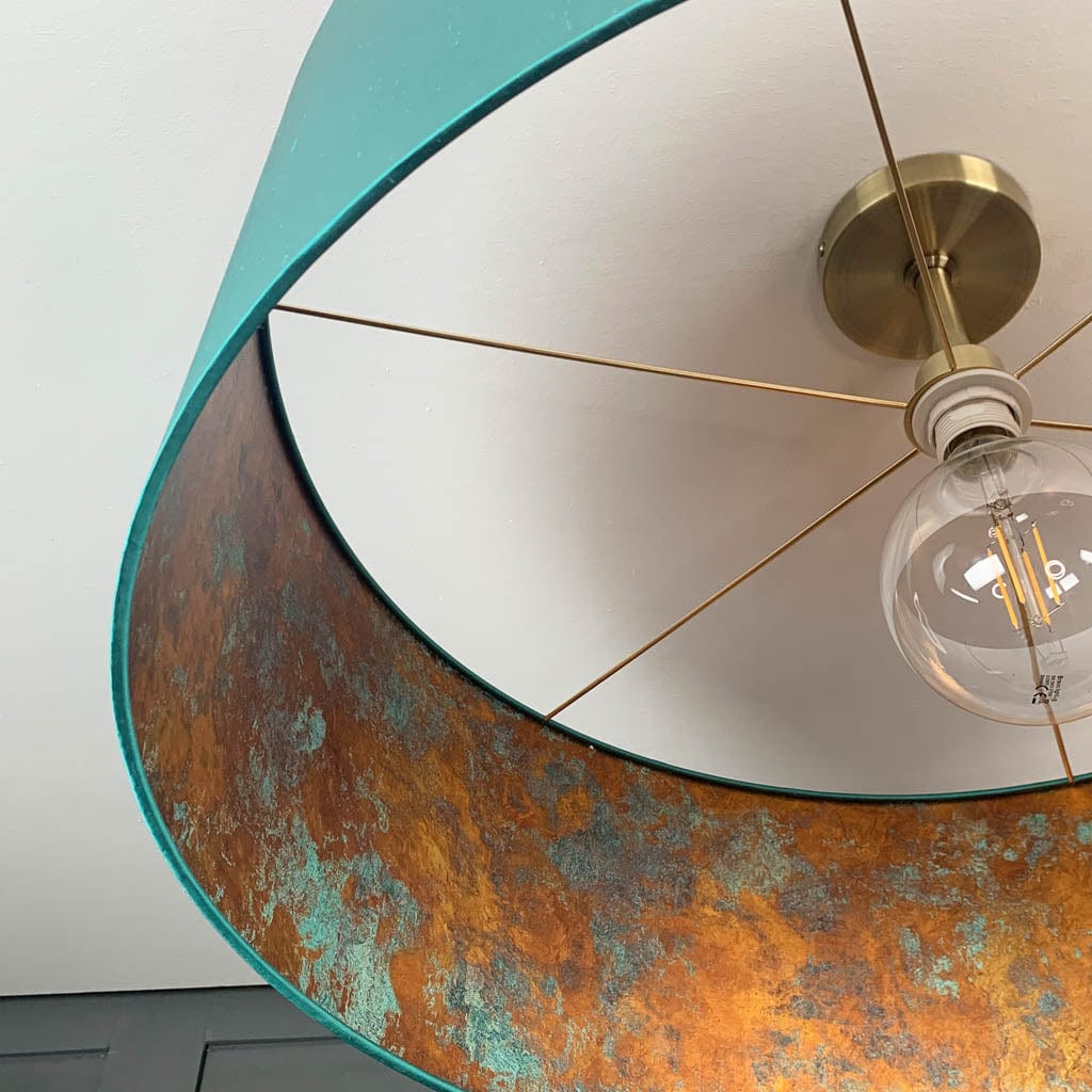 Elfin Teal Silk Pendant Shade with Copper & Teal Metallic Wallpaper Lining