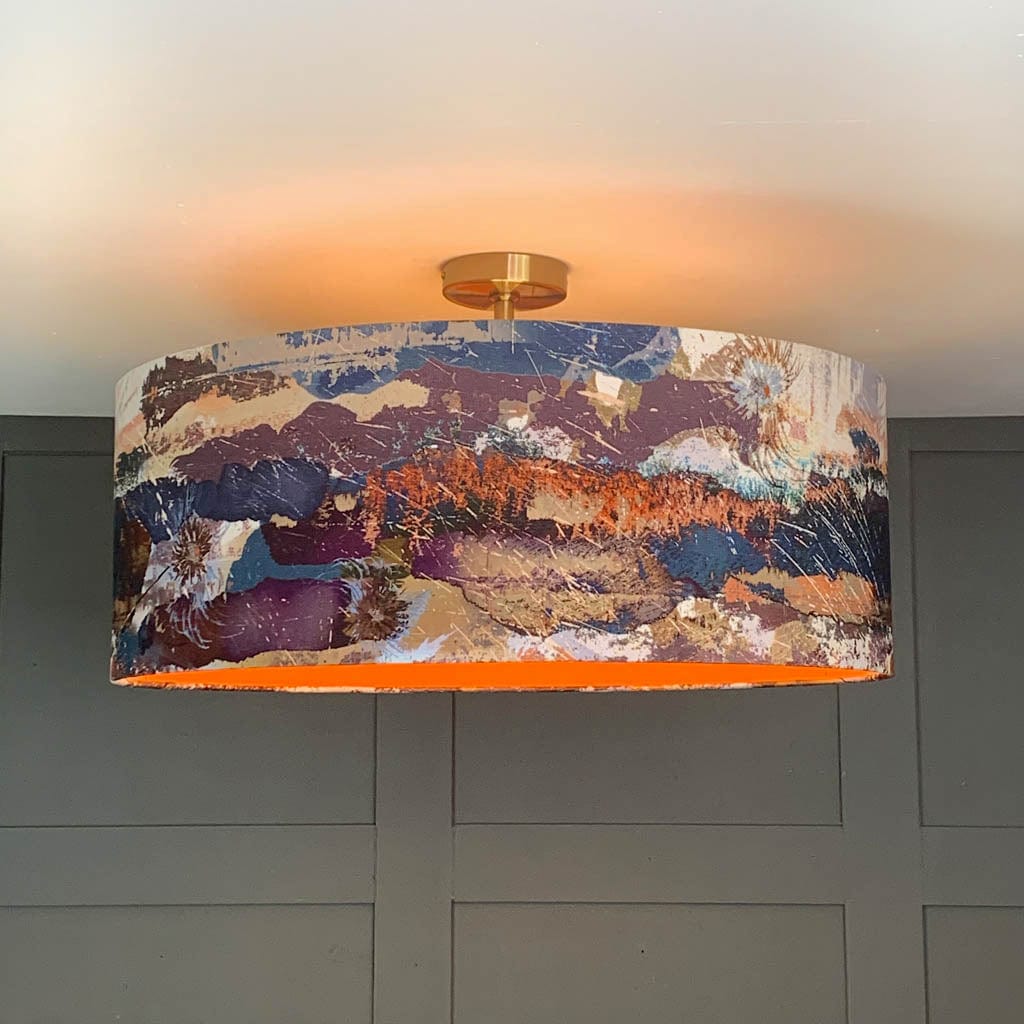Mairi Helena Mirrored Storm Linen Dark Pendant Shade with Satsuma Orange Silk Lining