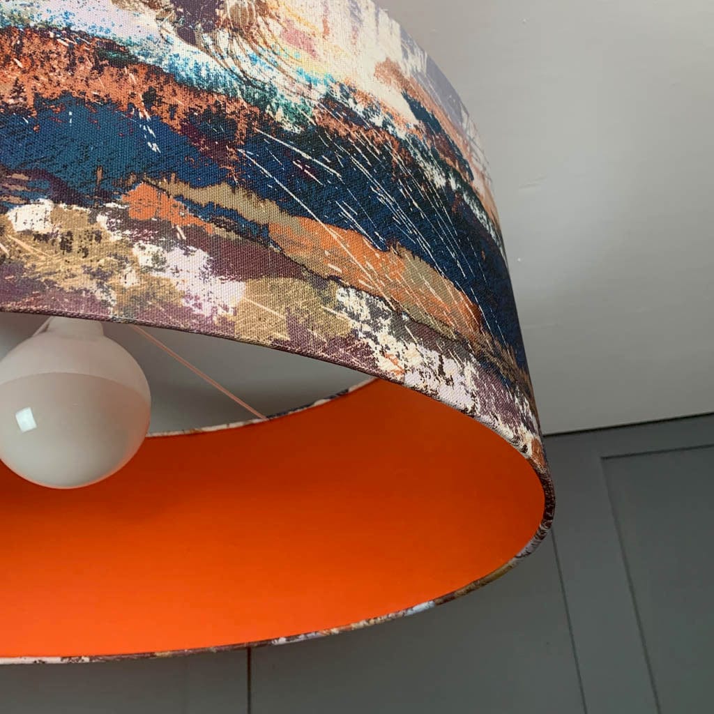 Mairi Helena Mirrored Storm Linen Dark Pendant Shade with Satsuma Orange Silk Lining