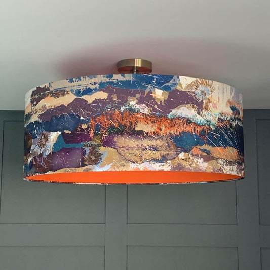 Mairi Helena Mirrored Storm Linen Dark Pendant Shade with Satsuma Orange Silk Lining