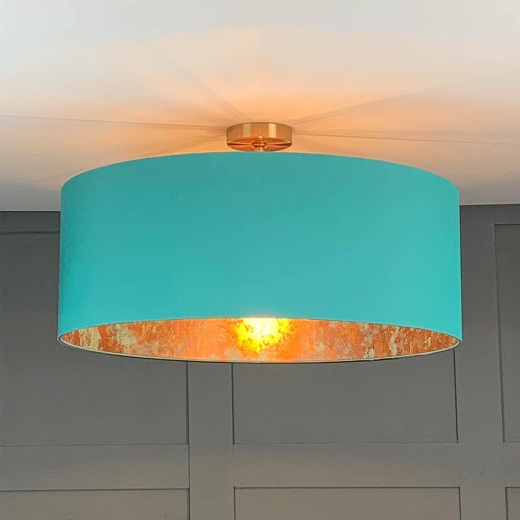 Elfin Teal Silk Pendant Shade with Copper & Teal Metallic Wallpaper Lining