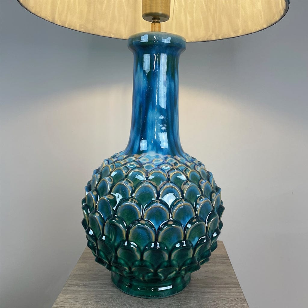 Edlyn Blue Green Ceramic Table Lamp with Ocean Blue Ikat Tapered Shade