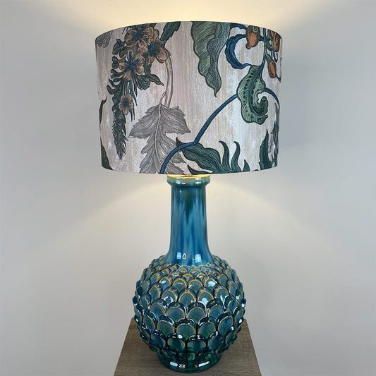 Edlyn Blue Green Ceramic Table Lamp with Timorous Beasties Epic Botanic Blue Rust Shade