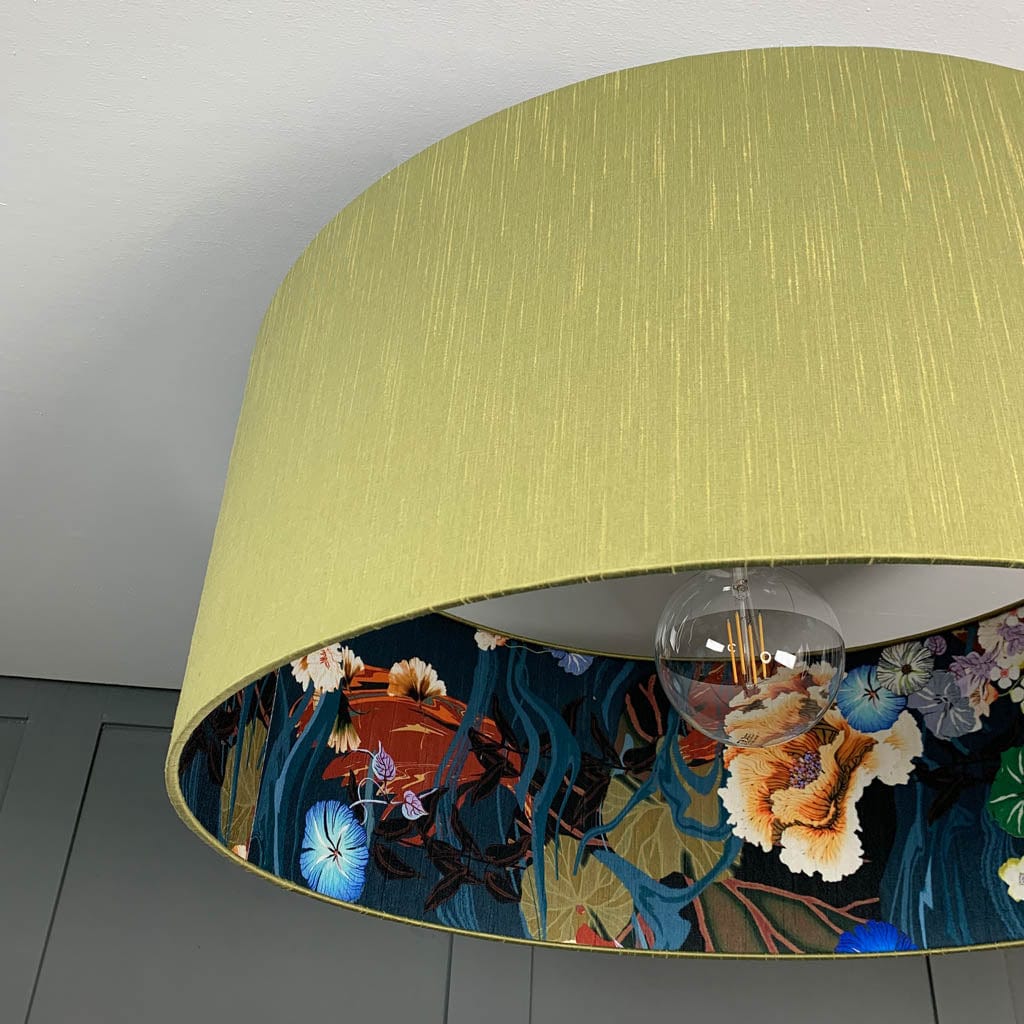 Astor Green Pesto Faux Silk Pendant Shade with Arte Koi Wallpaper Lining
