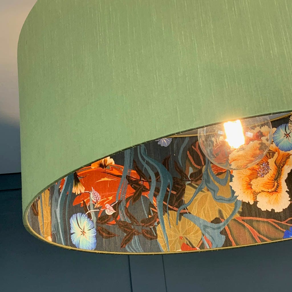 Astor Green Pesto Faux Silk Pendant Shade with Arte Koi Wallpaper Lining
