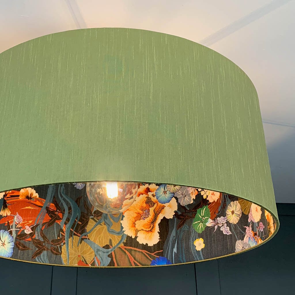 Astor Green Pesto Faux Silk Pendant Shade with Arte Koi Wallpaper Lining